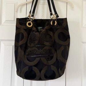 Vintage Coach Brown and Black Signature Circle Tote
